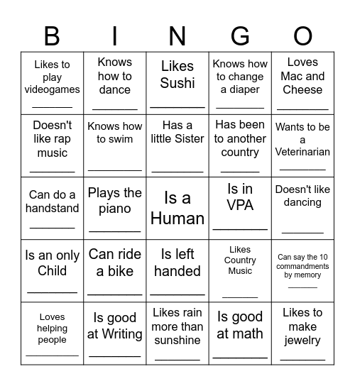 MHS HUMAN BINGO Card