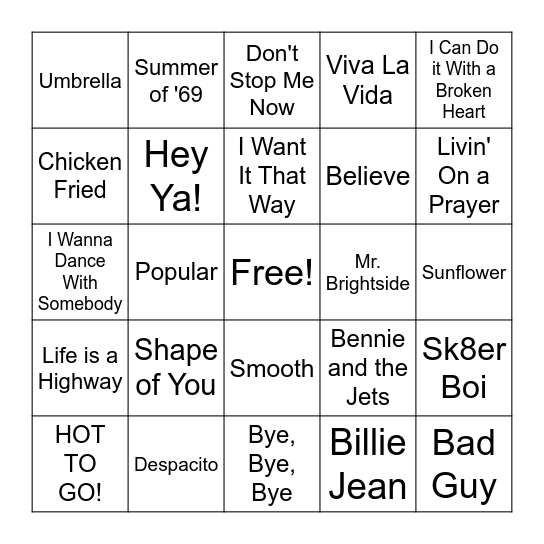 Many Hits From Many Years Bingo Card