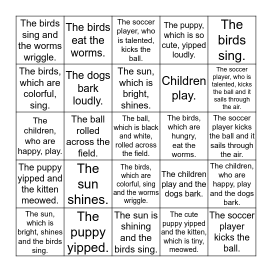 Sentence Structure Bingo  Bingo Card