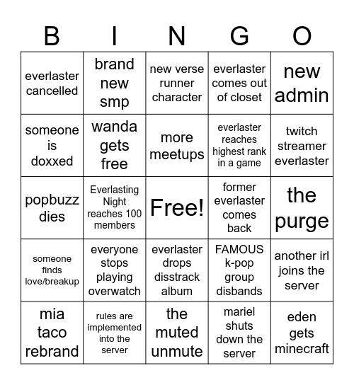 Everlasting 2025 Bingo Card Bingo Card