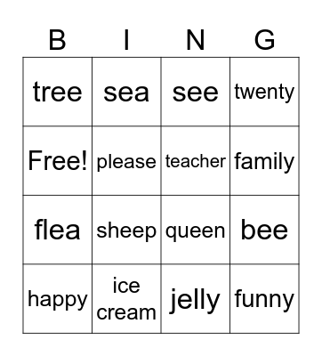 Long Vowel E Bingo Card