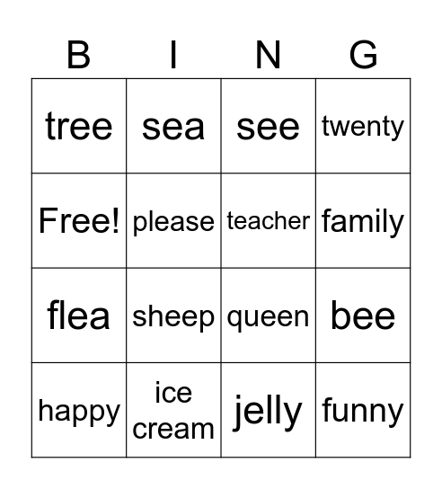 Long Vowel E Bingo Card