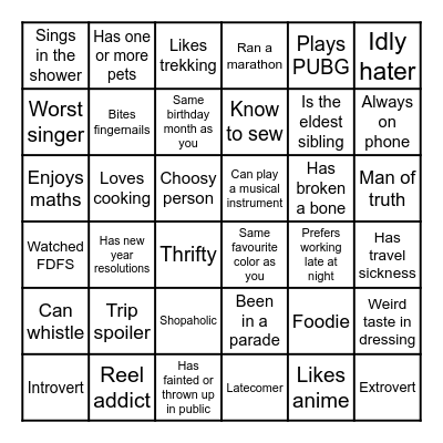 GOA Bingo Card
