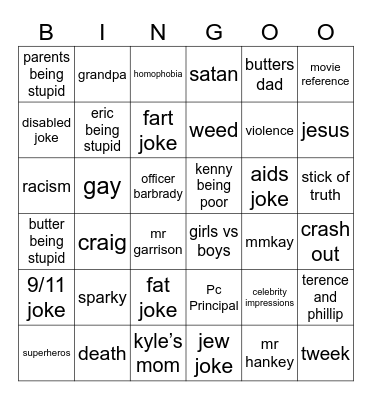 South Park Bingo Card