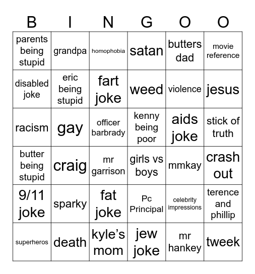 South Park Bingo Card