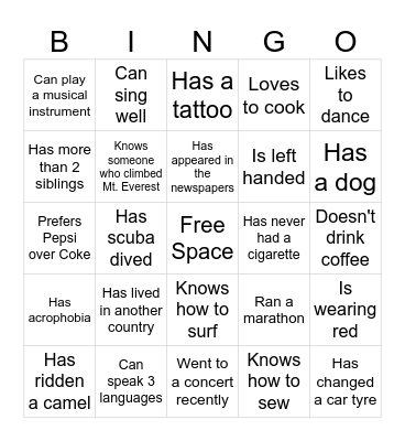 Ice Breaker Bingo Card