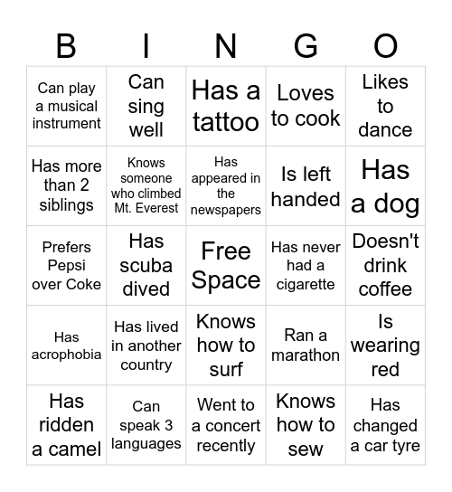 Ice Breaker Bingo Card