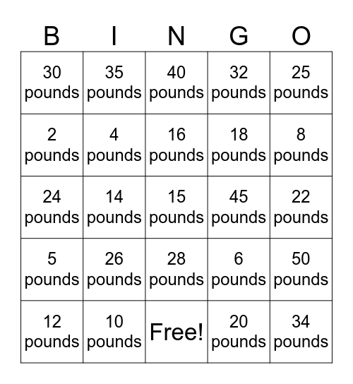 Weight Loss Bingo Card