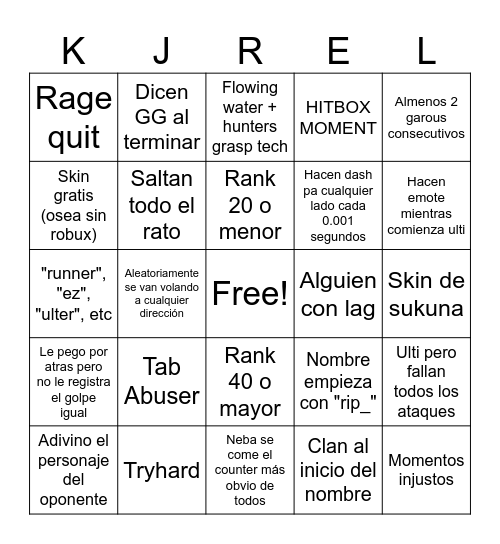 TSB Duelos Bingo Card
