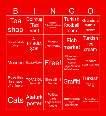 Turkish Google Street View Bingo Card