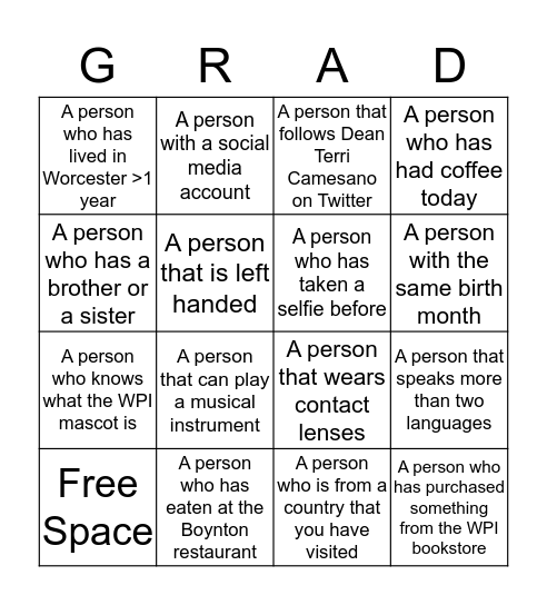 Graduate Student International Scholars Reception Bingo Card