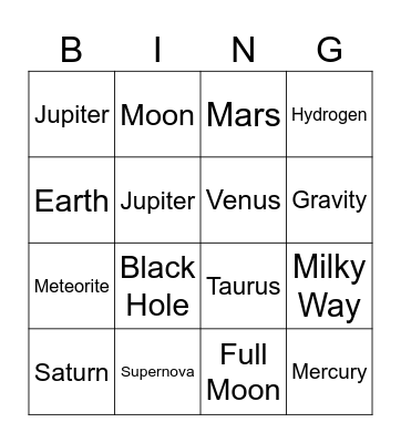 Galaxy Explorers Bingo Card