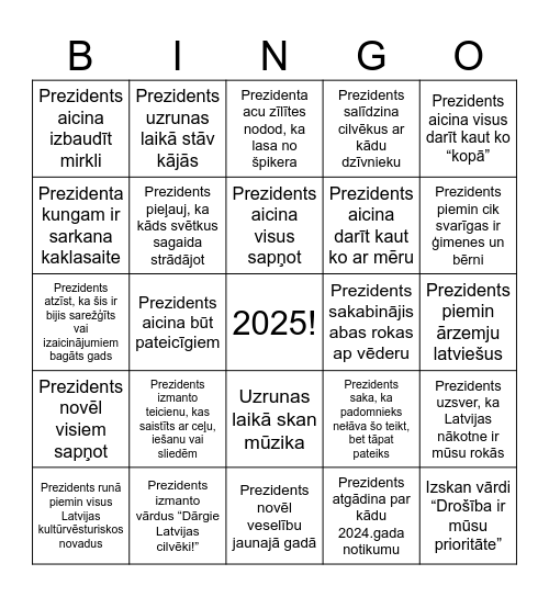 Prezidenta jaungada uzrunas Bingo Card