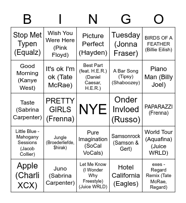 New Years' Eve 2024 Bingo Card