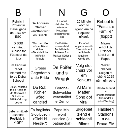 Das Schweizer 2025 Bingo Card