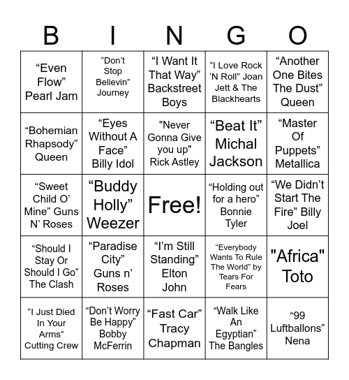 Song bingo! Bingo Card