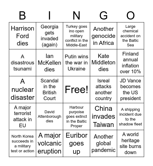 The Bingo of Misery 2025 Bingo Card