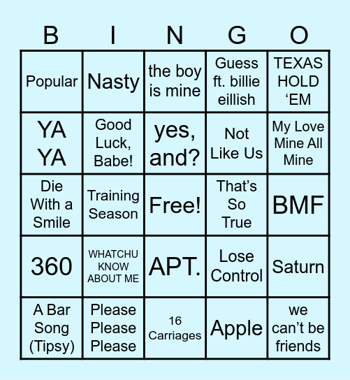 2024 Hits Musical Bingo Card