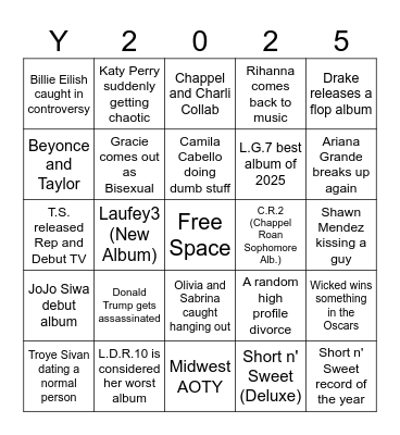 Pop Bingo 2025 Bingo Card
