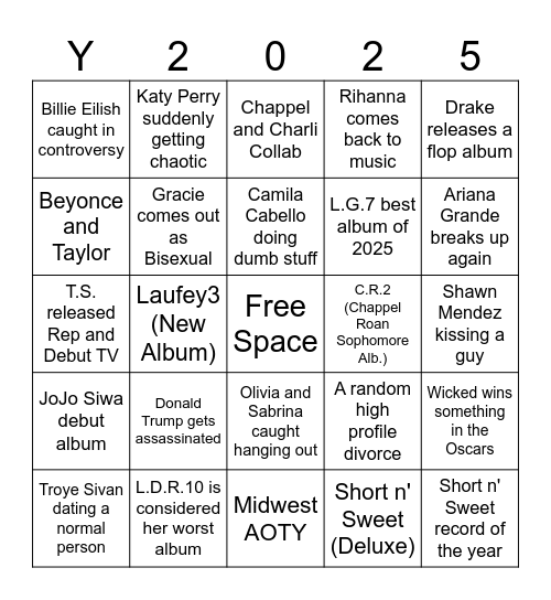 Pop Bingo 2025 Bingo Card