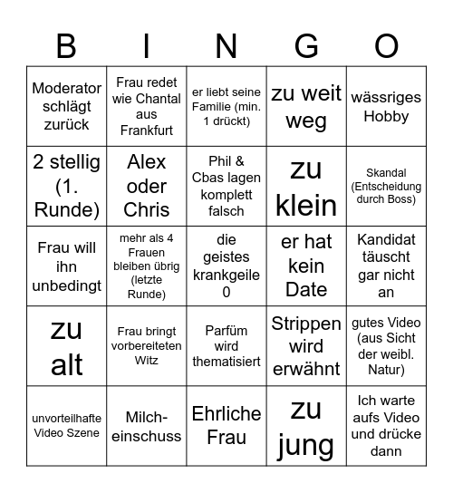 Take me Out Bingo Card