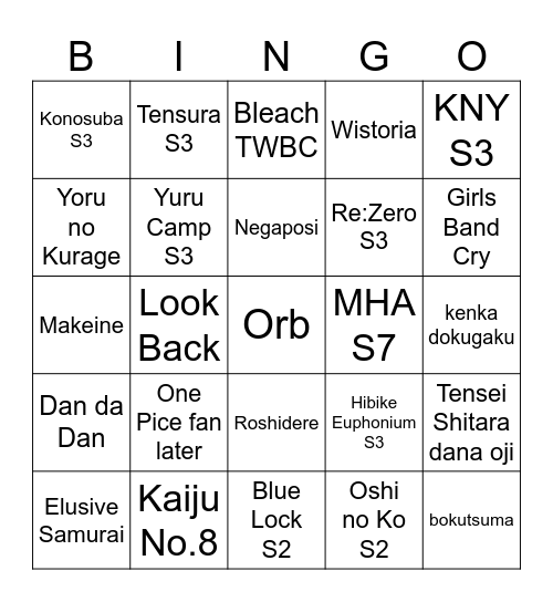 Anime Of The Year Bingo Card