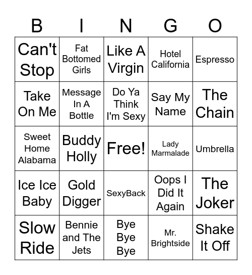 Music Bingo Card