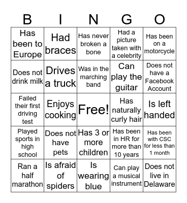 Icebreaker Bingo Card