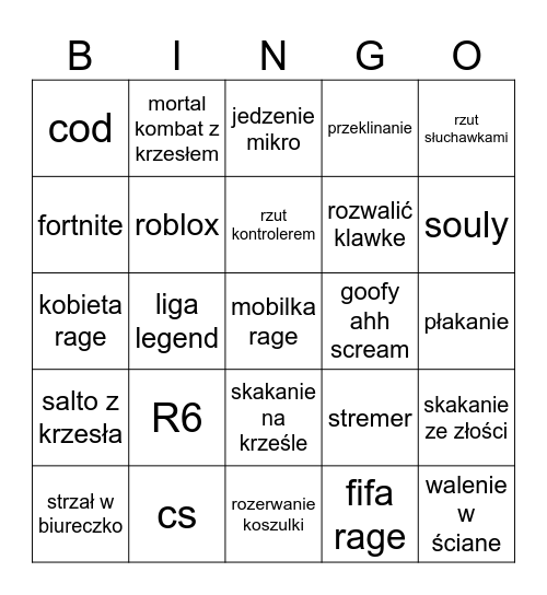 GAMER RAGE Bingo Card
