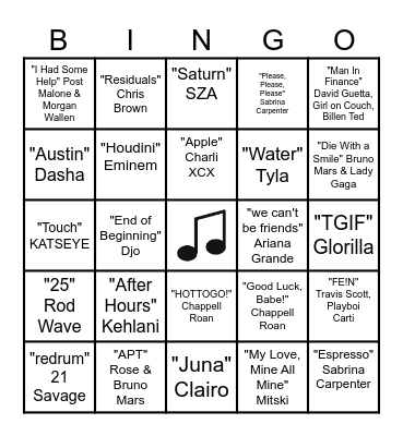 TOP SONGS OF 2024 Bingo Card