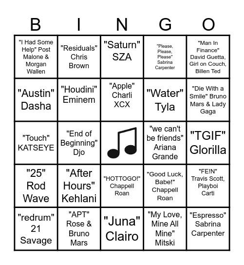 TOP SONGS OF 2024 Bingo Card