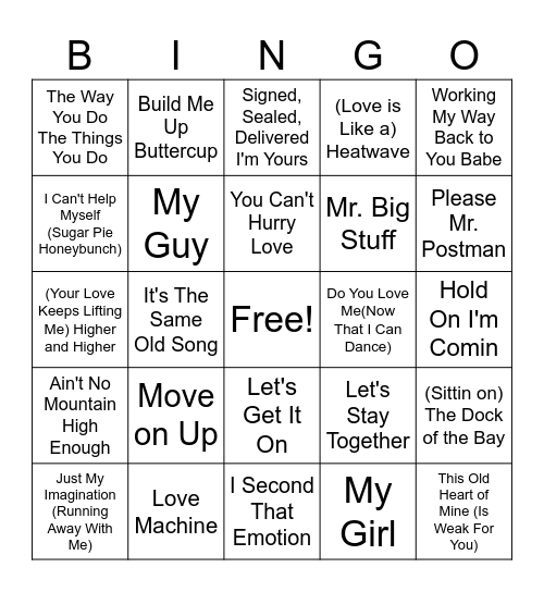 Motown Mania Bingo Card