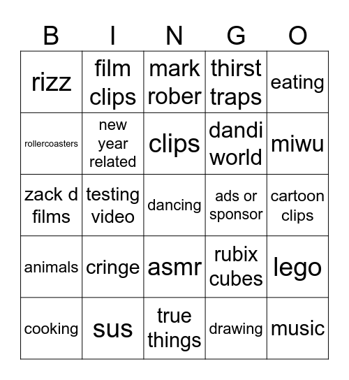 youtube shorts Bingo Card