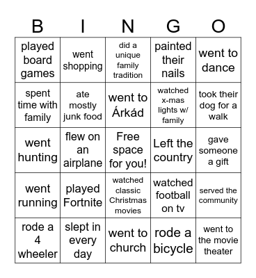 Find someone who-- Christmas Break Bingo Card