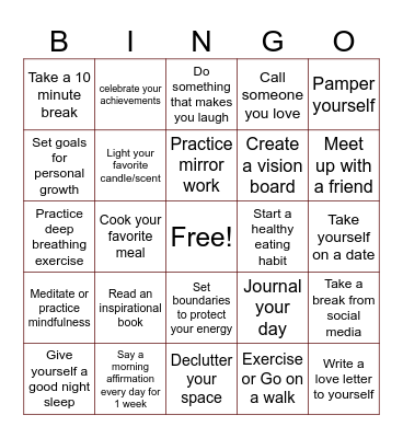 Self-Love Bingo Card