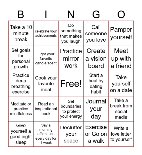 Self-Love Bingo Card