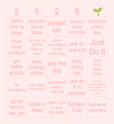 New Year Goals Bingo Card