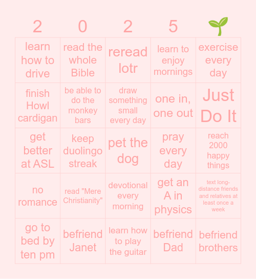 New Year Goals Bingo Card