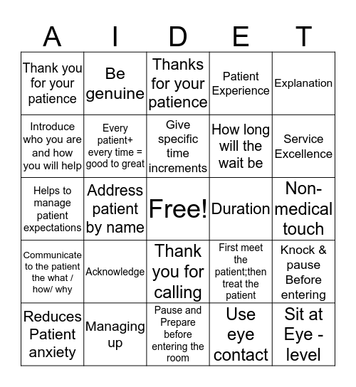 AIDET Bingo Card