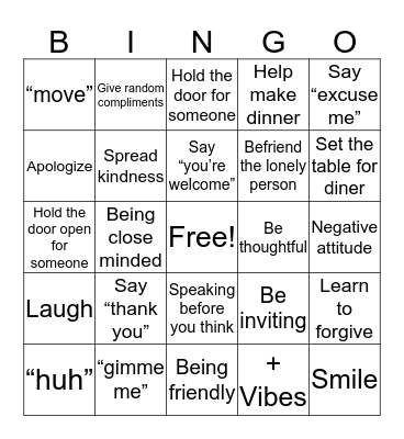 Kind vs. Unkind  Bingo Card