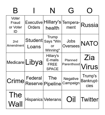 DEBATE BINGO 9/26/16 Bingo Card