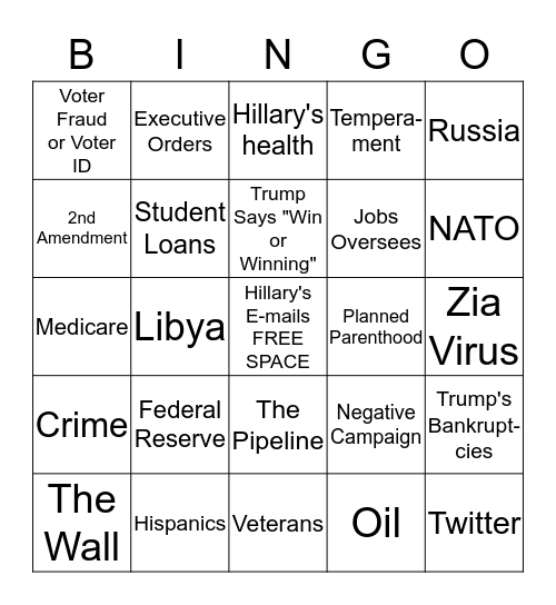 DEBATE BINGO 9/26/16 Bingo Card