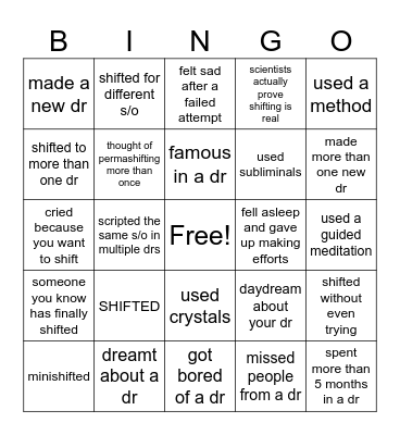 2025 shifting bingo Card