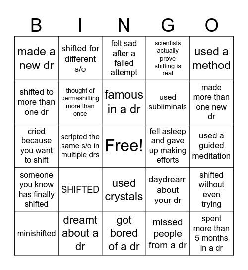 2025 shifting bingo Card