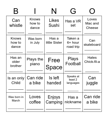 YOUTH HUMAN BINGO Card