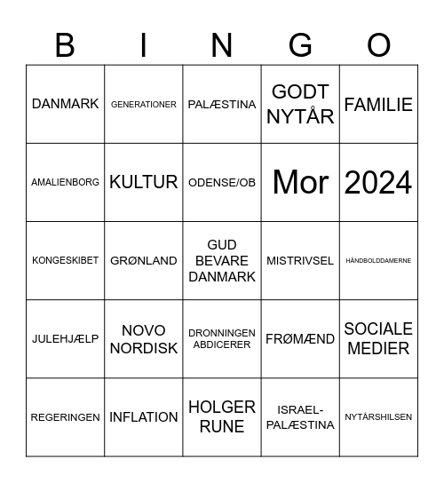 Kongens Nytårtale Bingo Card