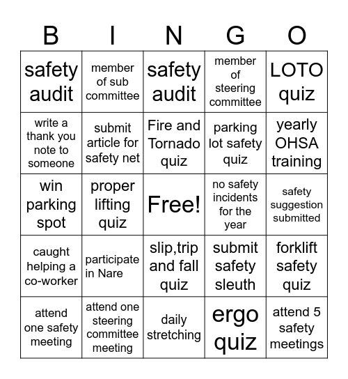 Safety Bingo Card