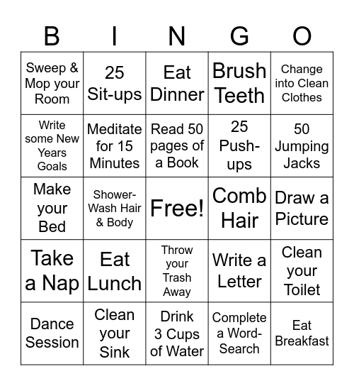 Today's Goals Bingo Card