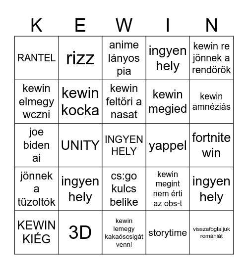 Kewin Live Bingo Card