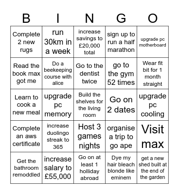 New years resolution Bingo Card